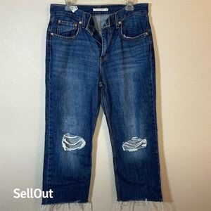 Levi's Women's Low Pro Straight Jeans Dark Wash Ripped Distressed Raw Hem 30